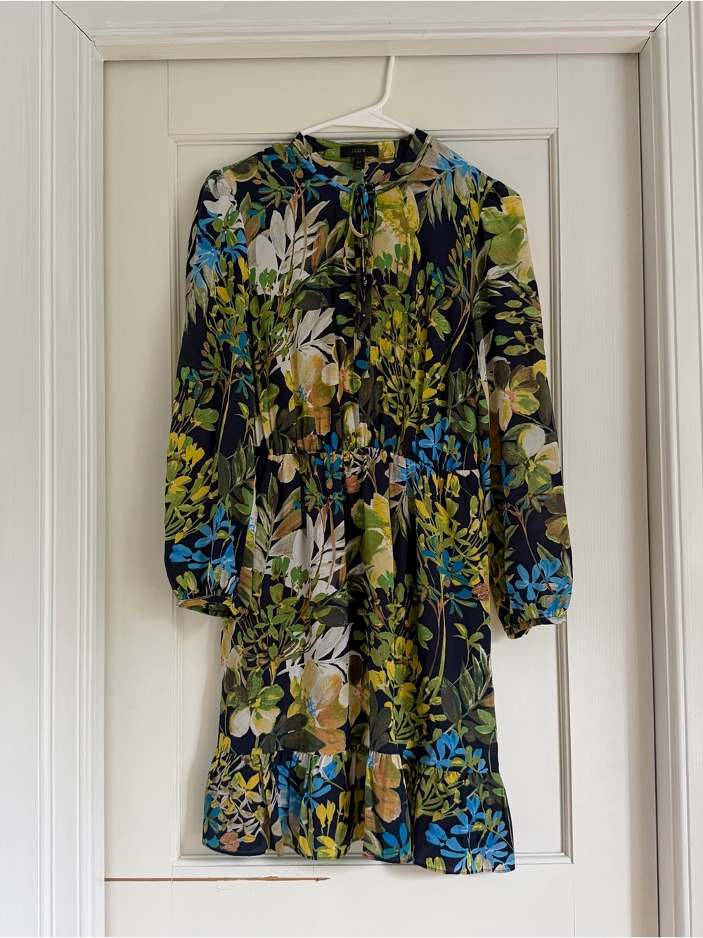J Crew Floral Long-Sleeve Tie-Neck Silk Dress in Multi Green